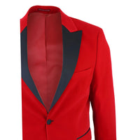 Esmoquin de terciopelo rojo para hombre con solapas de satén, ideal para cenas, bodas y graduaciones. Etiqueta negra.