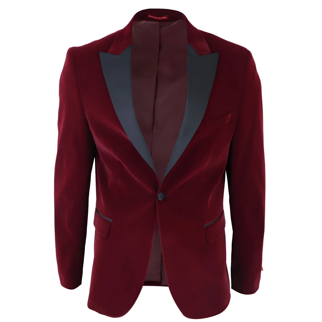 Esmoquin de terciopelo color vino para hombre, con solapas de satén, ideal para cenas, bodas y graduaciones. Etiqueta negra.