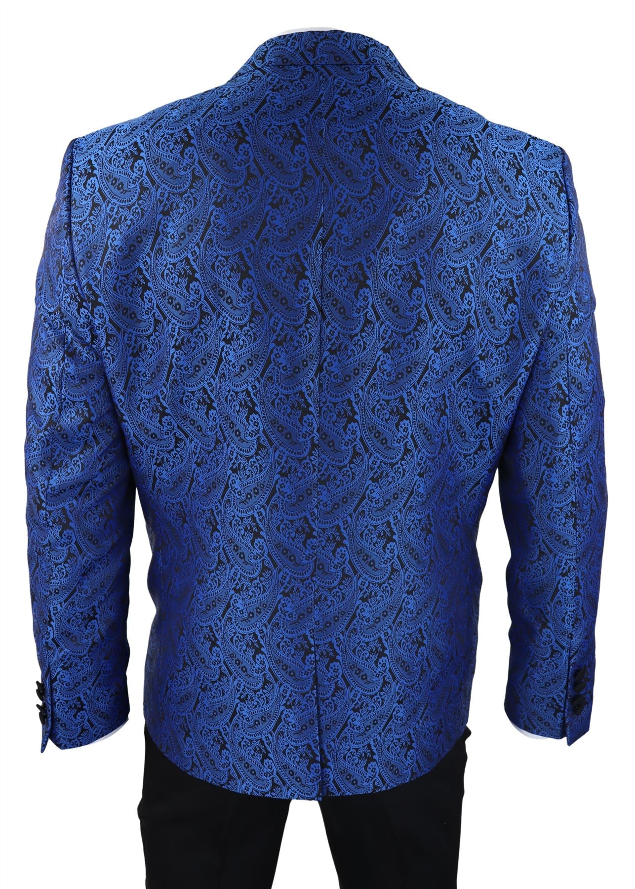 Chaqueta de esmoquin y chaleco de hombre con estampado paisley, brocado, satén negro y azul - Sin pantalones