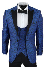 Chaqueta de esmoquin y chaleco de hombre con estampado paisley, brocado, satén negro y azul - Sin pantalones