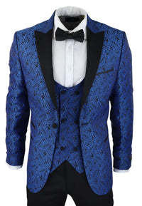Chaqueta de esmoquin y chaleco de hombre con estampado paisley, brocado, satén negro y azul - Sin pantalones