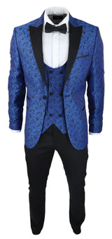 Chaqueta de esmoquin y chaleco de hombre con estampado paisley, brocado, satén negro y azul - Sin pantalones