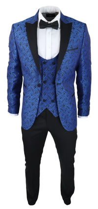 Chaqueta de esmoquin y chaleco de hombre con estampado paisley, brocado, satén negro y azul - Sin pantalones