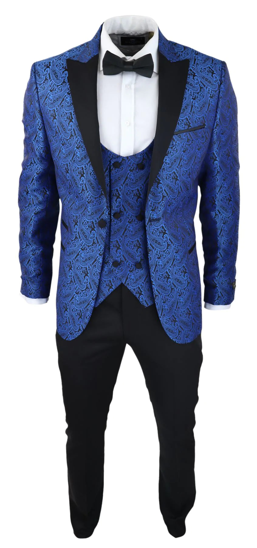 Chaqueta de esmoquin y chaleco de hombre con estampado paisley, brocado, satén negro y azul - Sin pantalones