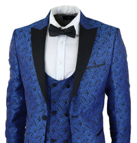 Chaqueta de esmoquin y chaleco de hombre con estampado paisley, brocado, satén negro y azul - Sin pantalones