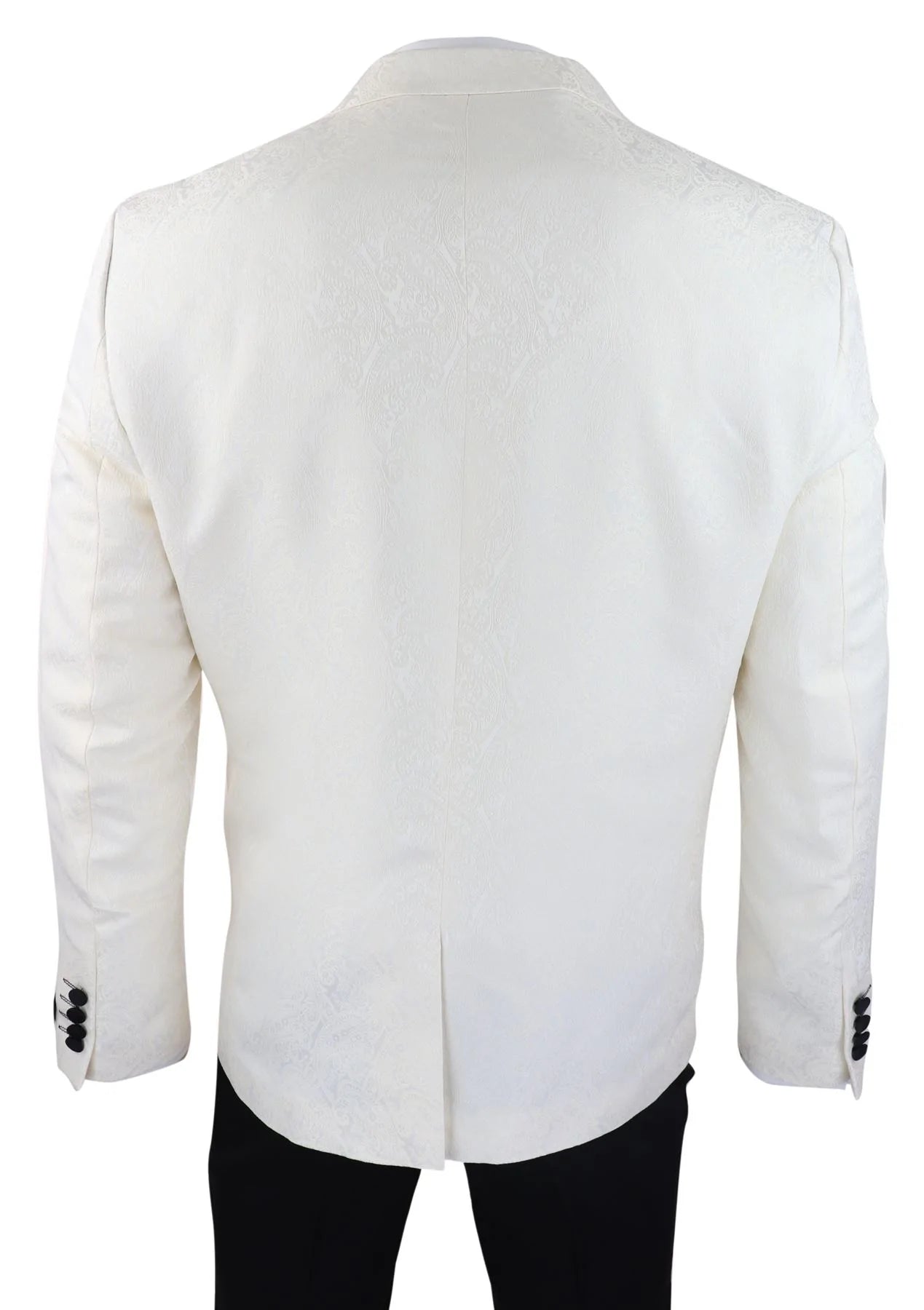 Chaqueta de esmoquin y chaleco de hombre con estampado paisley, chaqueta de cena de brocado satinado color marfil y negro.