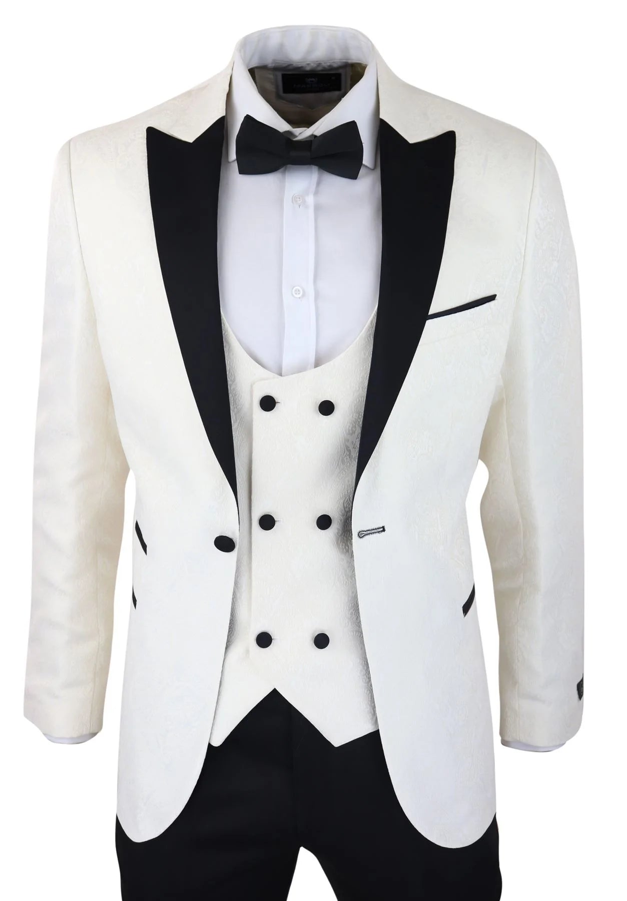 Chaqueta de esmoquin y chaleco de hombre con estampado paisley, chaqueta de cena de brocado satinado color marfil y negro.