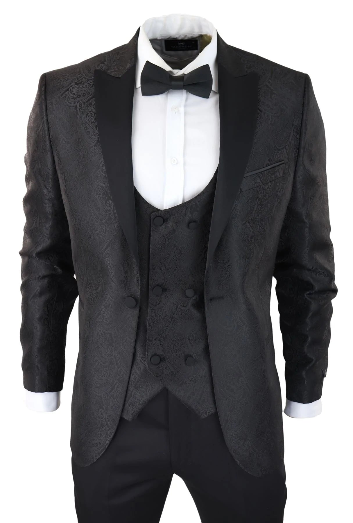Chaqueta de esmoquin y chaleco de brocado de satén negro para hombre con estampado paisley - Sin pantalones