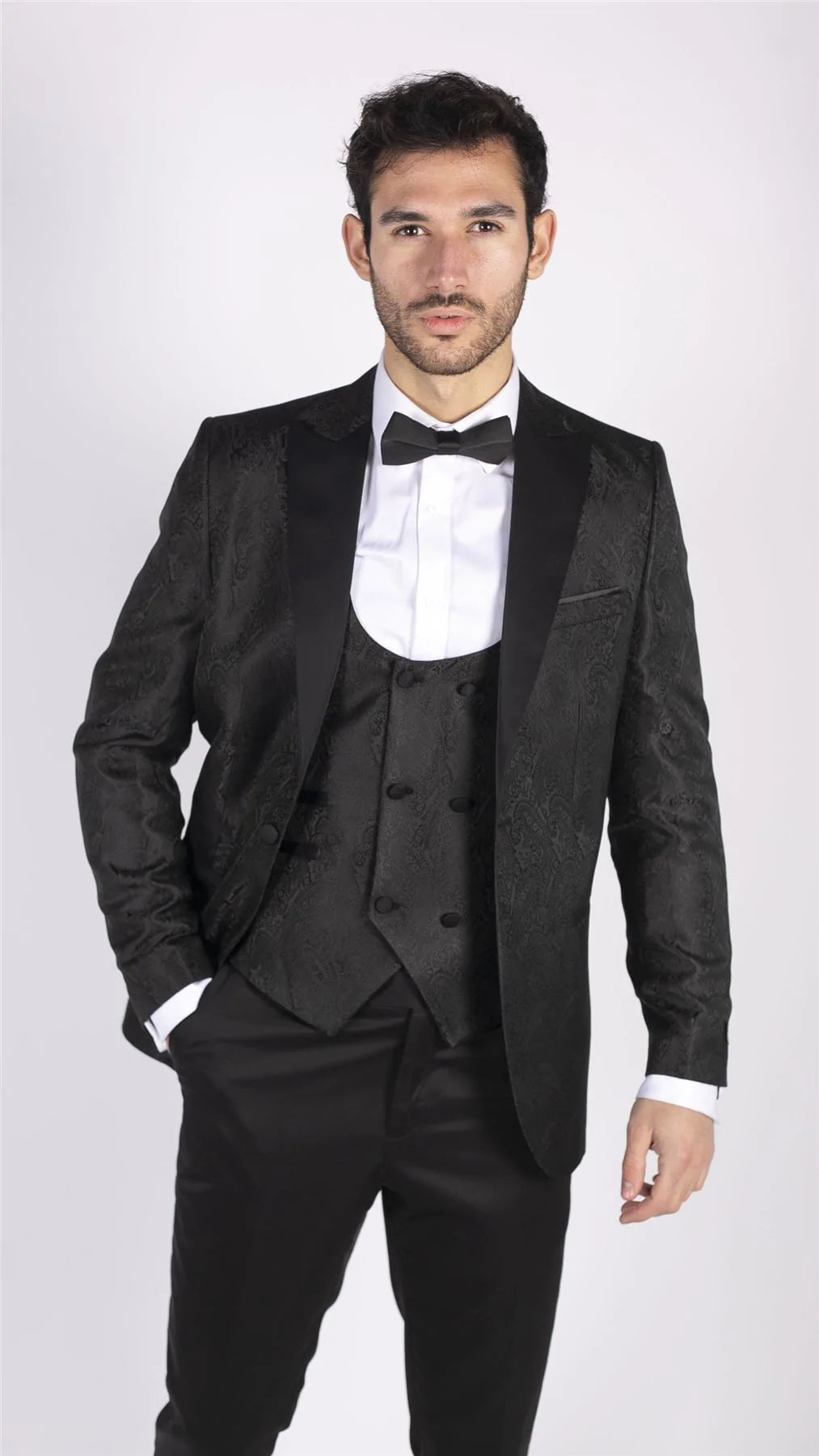 Chaqueta de esmoquin y chaleco de brocado de satén negro para hombre con estampado paisley - Sin pantalones
