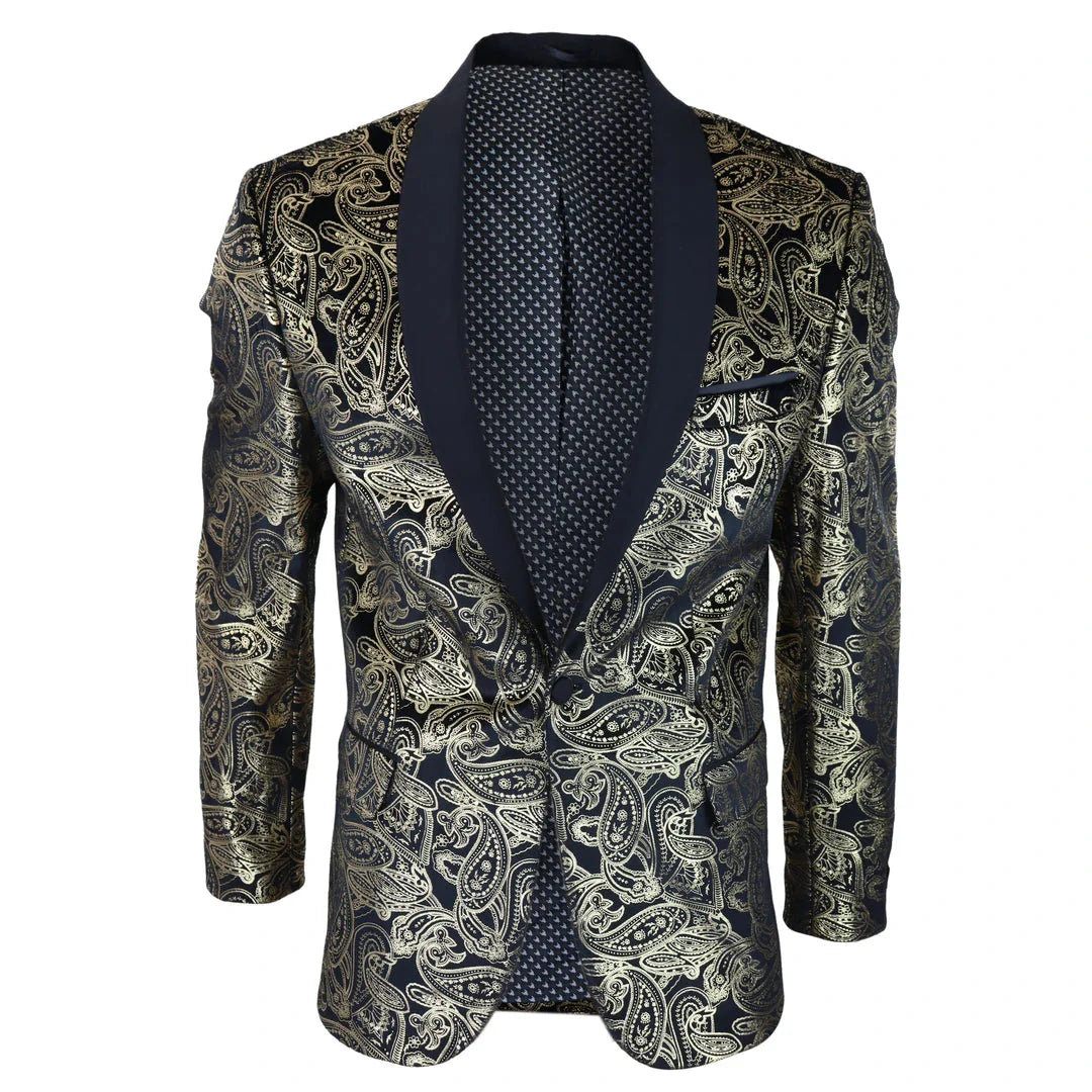 STZ64-65 - Blazer de terciopelo con estampado floral Paisley para hombre, color negro.