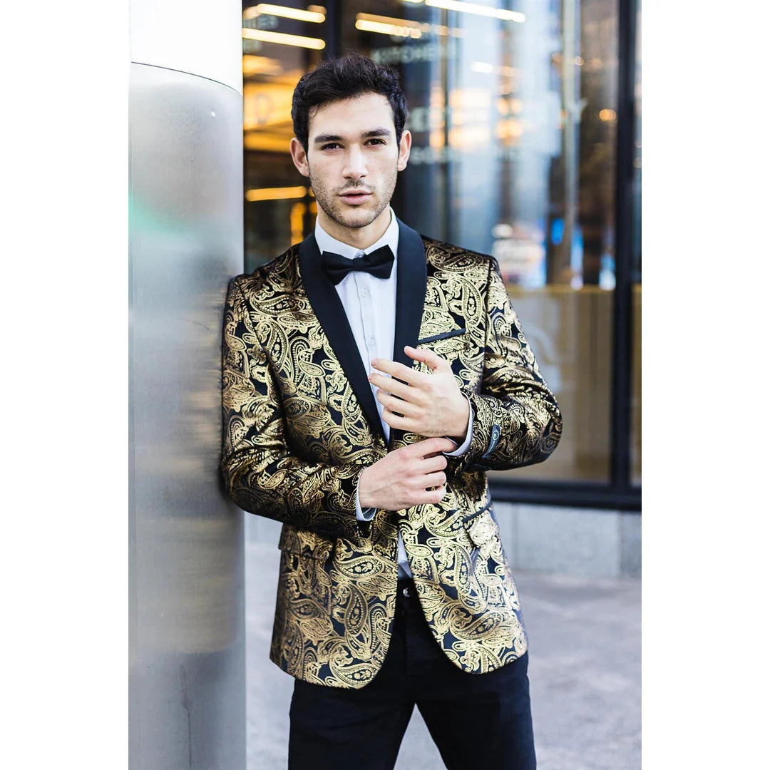 STZ64-65 - Blazer de terciopelo con estampado floral Paisley para hombre, color negro.