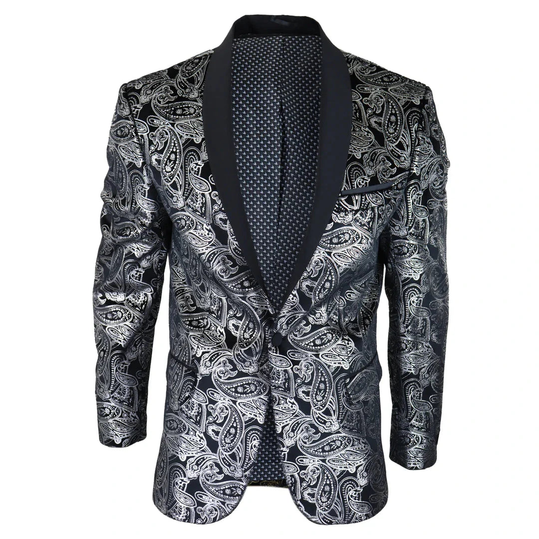 STZ64-65 - Blazer de terciopelo con estampado floral Paisley para hombre, color plata y negro.
