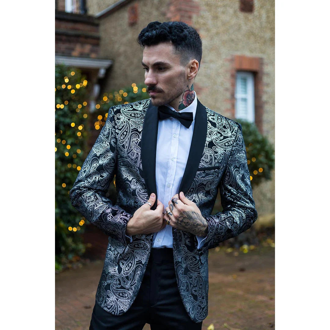 STZ64-65 - Blazer de terciopelo con estampado floral Paisley para hombre, color plata y negro.