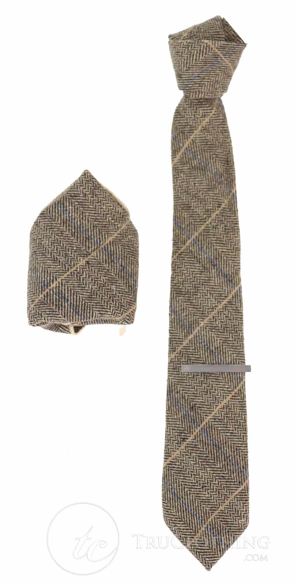 Corbata de tweed a cuadros color marrón claro con pañuelo y pinza para corbata - Marrón claro