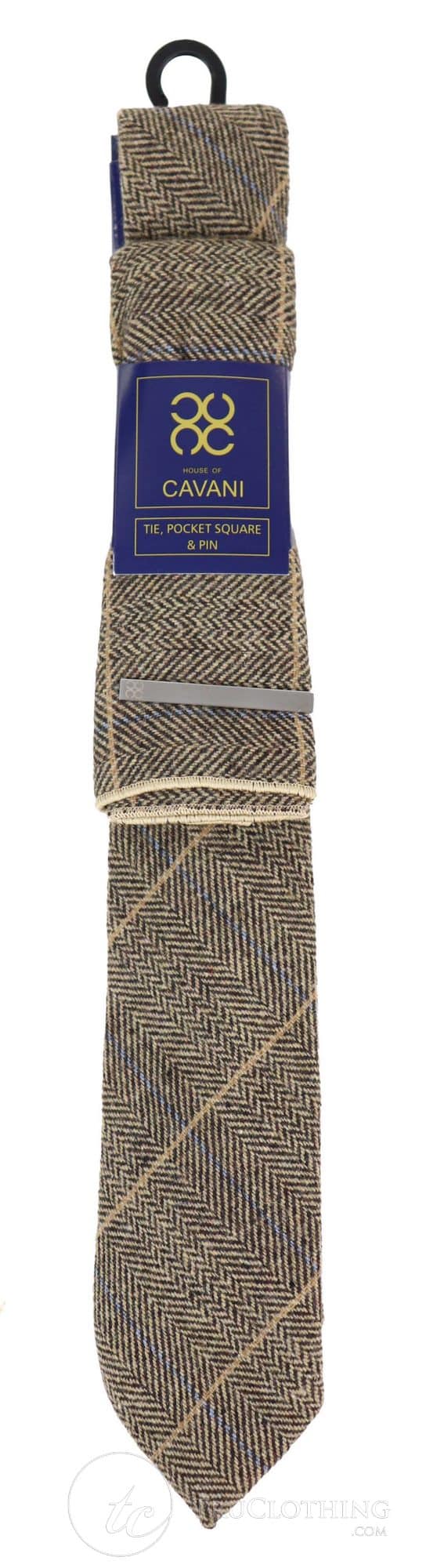 Corbata de tweed a cuadros color marrón claro con pañuelo y pinza para corbata - Marrón claro