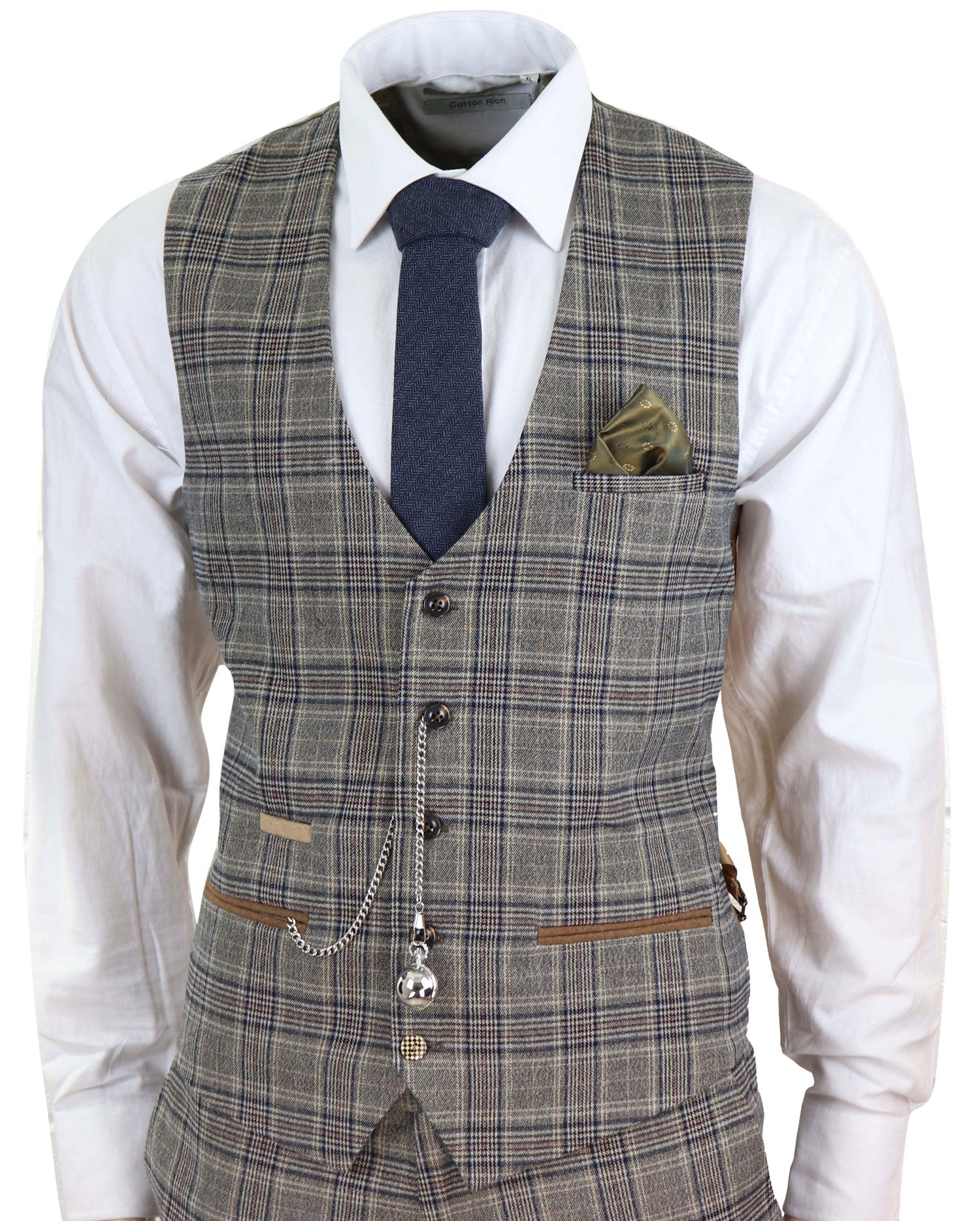 Traje de tres piezas gris a cuadros para hombre