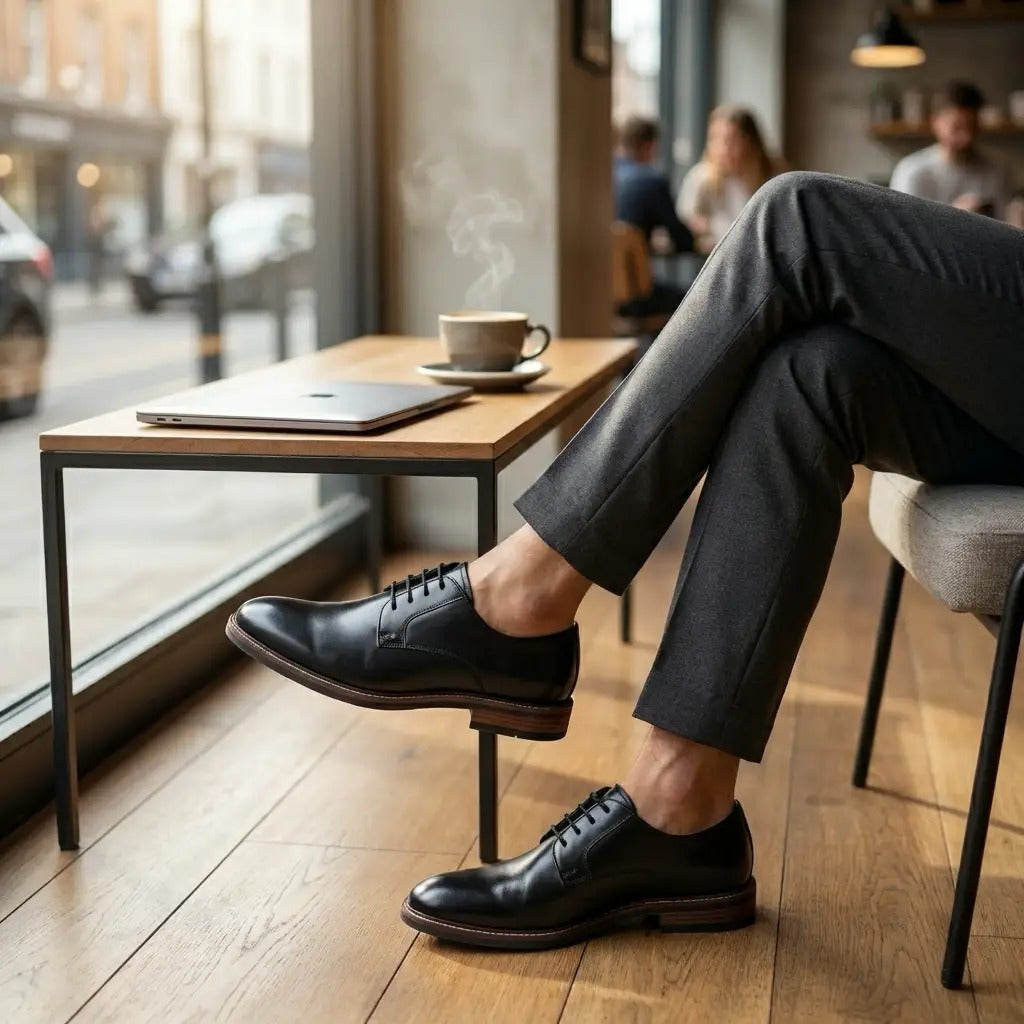 Zapatos Derby de hombre de piel negra con puntera lisa y cordones, marca Tanner.