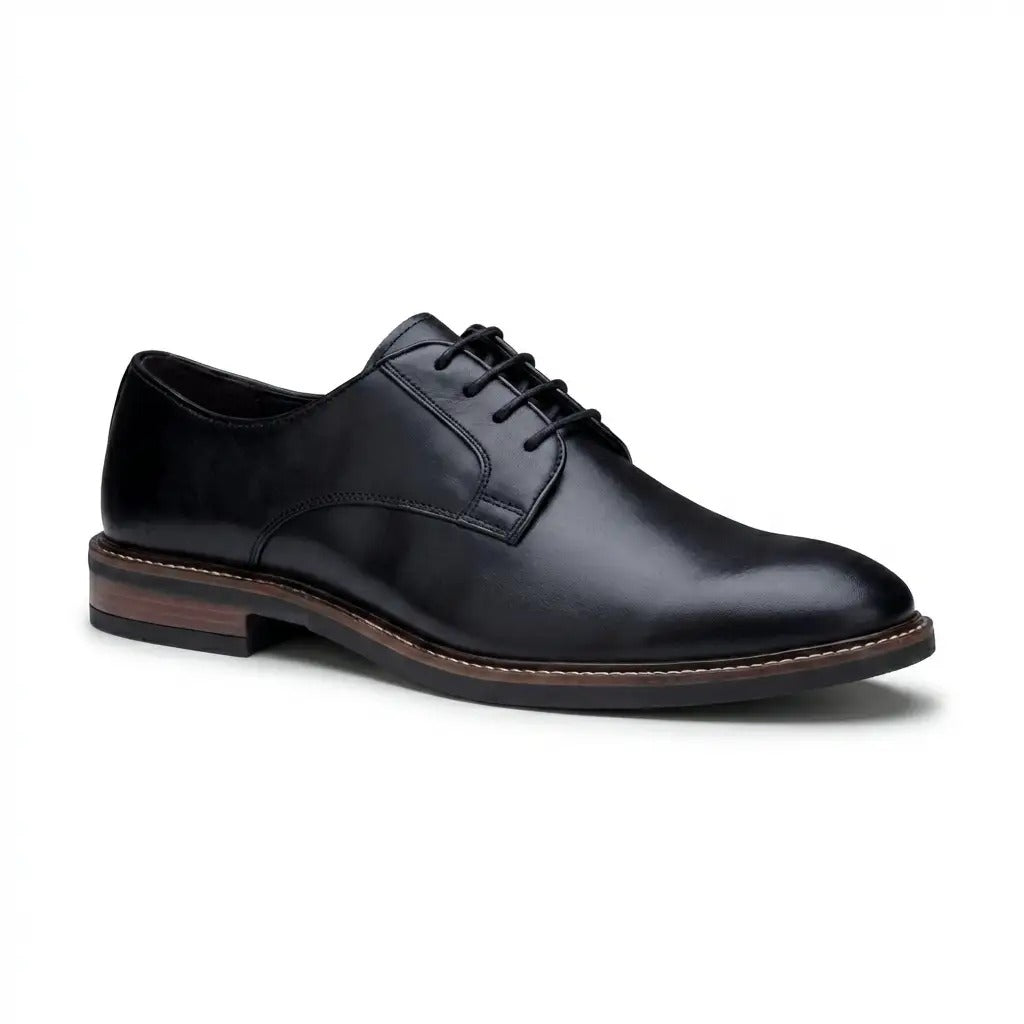 Zapatos Derby de hombre de piel negra con puntera lisa y cordones, marca Tanner.