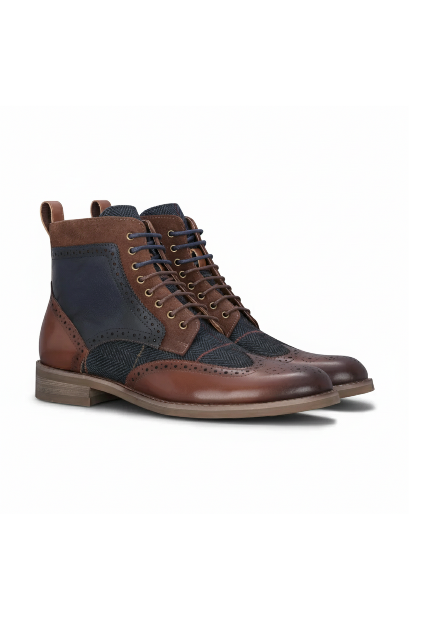 Teddy - Zapatos Oxford de hombre de cuero marrón y tweed azul marino
