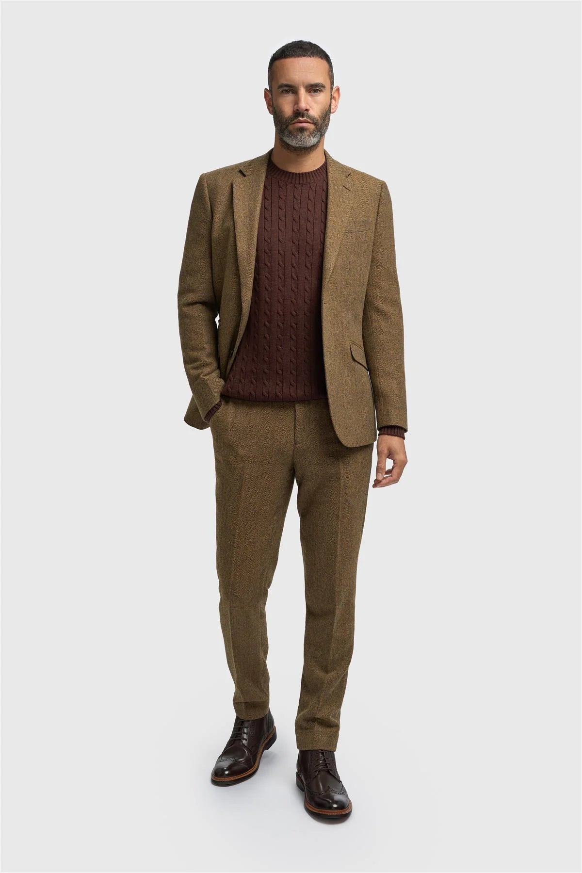 Thomas - Blazer clásico de tweed marrón con estampado de espiga para hombre