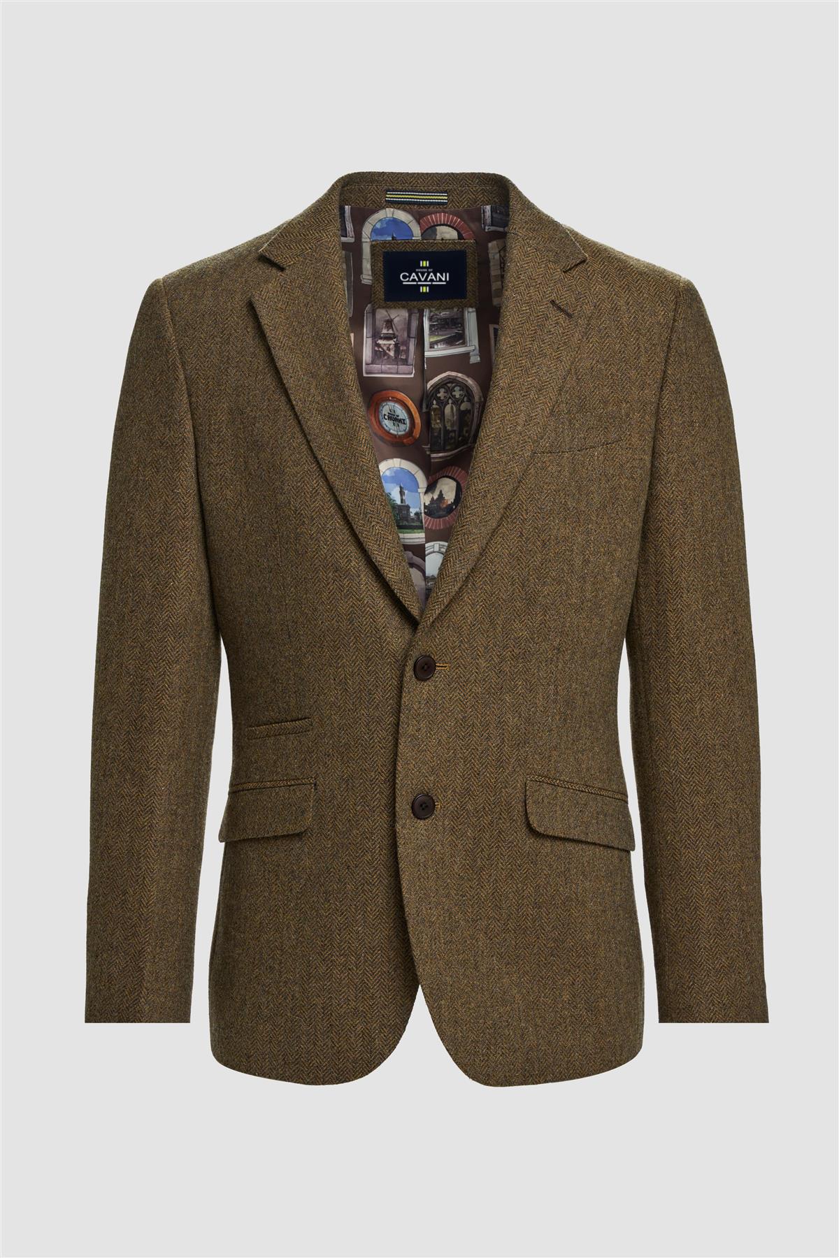 Thomas - Blazer clásico de tweed marrón con estampado de espiga para hombre