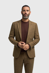 Thomas - Blazer clásico de tweed marrón con estampado de espiga para hombre