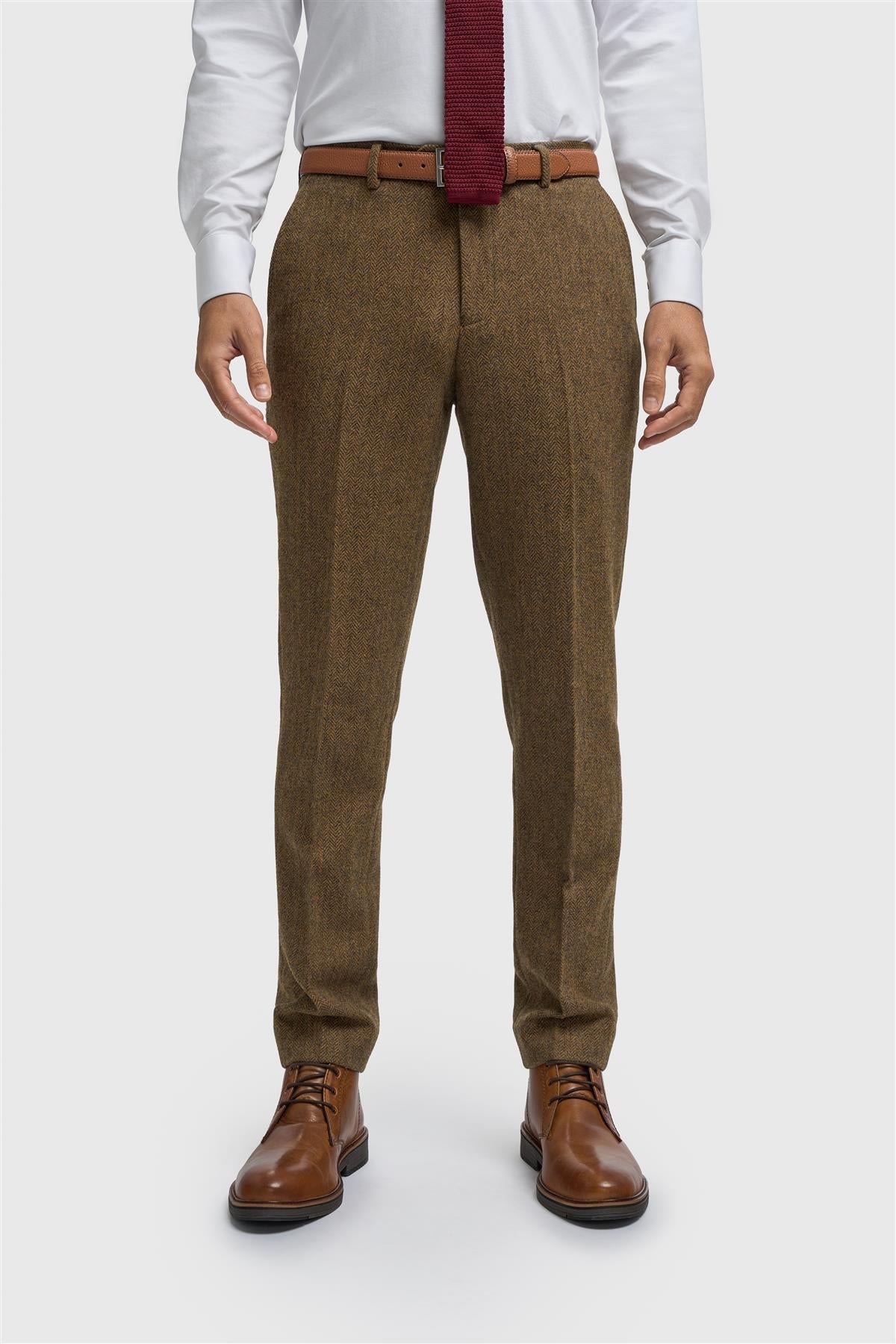 Thomas - Pantalones de hombre de tweed de espiga de mezcla de lana marrón