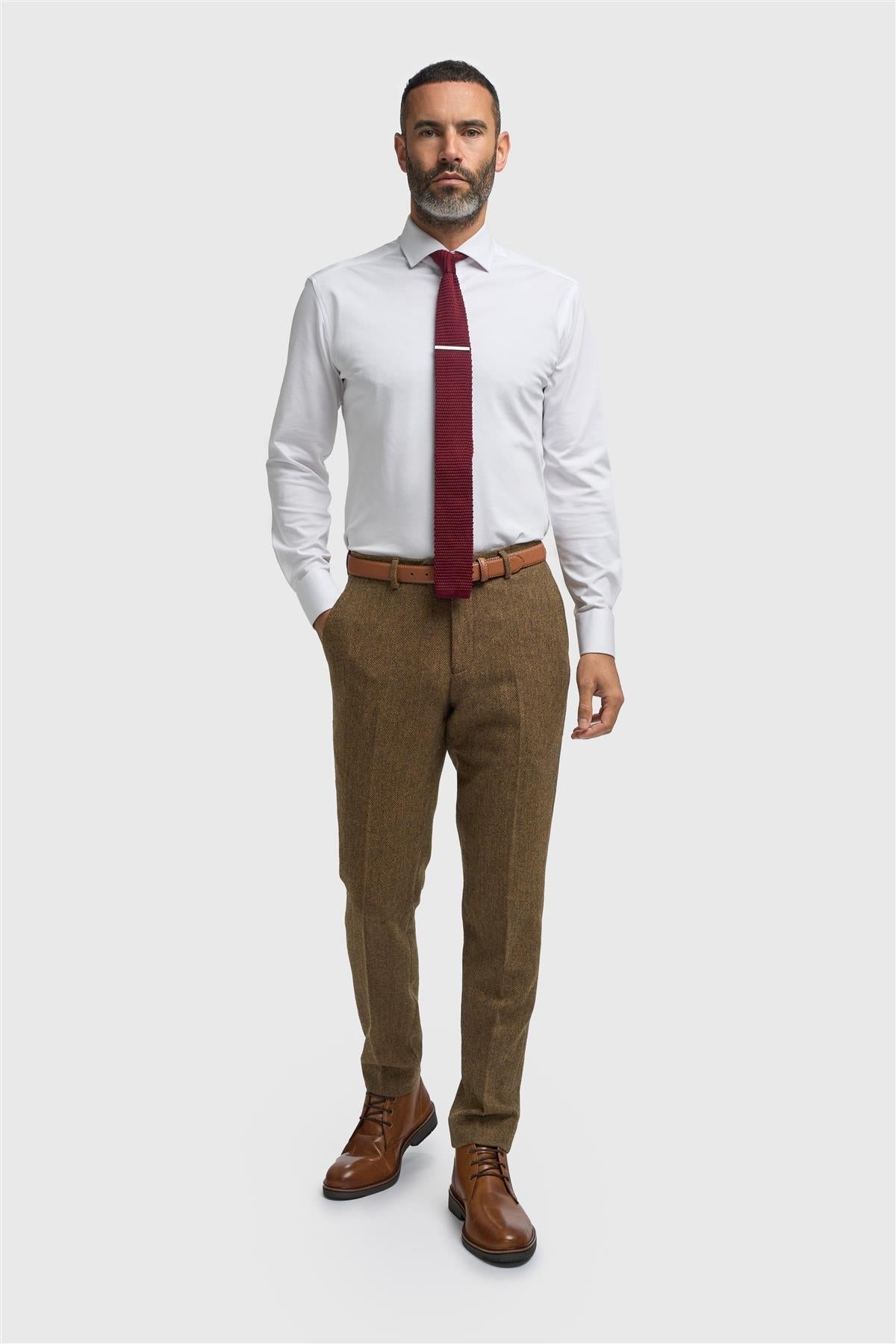 Thomas - Pantalones de hombre de tweed de espiga de mezcla de lana marrón