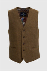 Thomas - Chaleco de tweed de espiga de mezcla de lana marrón para hombre