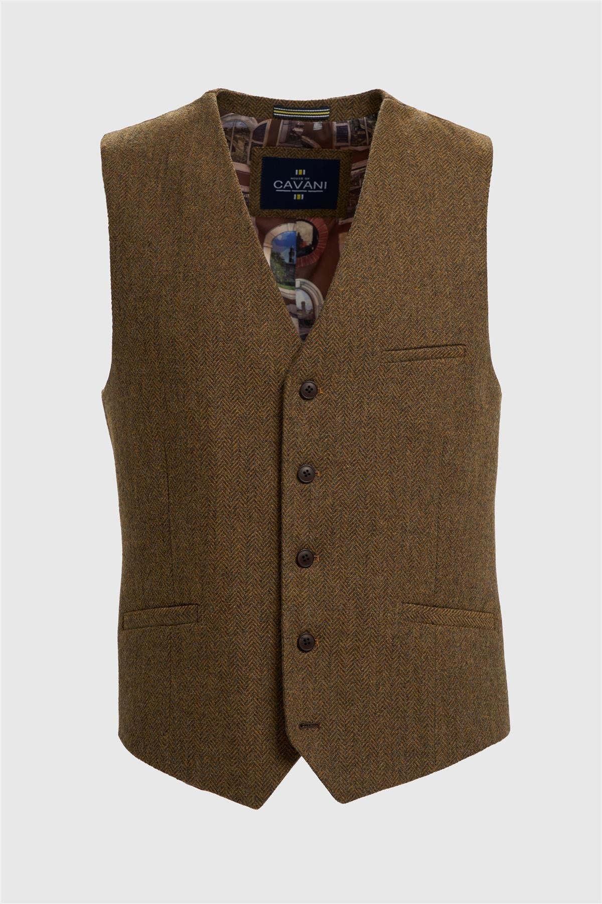 Thomas - Chaleco de tweed de espiga de mezcla de lana marrón para hombre