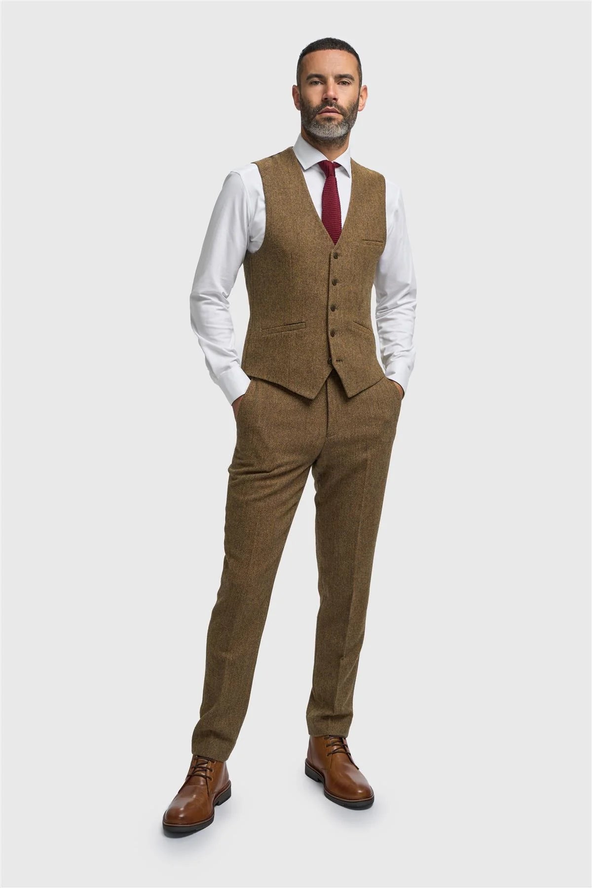 Thomas - Chaleco de tweed de espiga de mezcla de lana marrón para hombre
