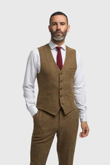 Thomas - Chaleco de tweed de espiga de mezcla de lana marrón para hombre