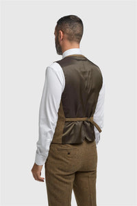 Thomas - Chaleco de tweed de espiga de mezcla de lana marrón para hombre