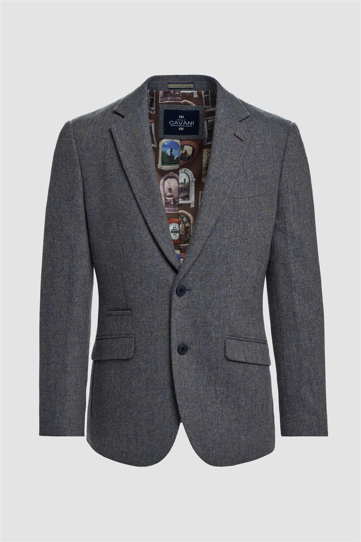 Thomas - Blazer clásico de tweed con estampado de espiga azul marino para hombre
