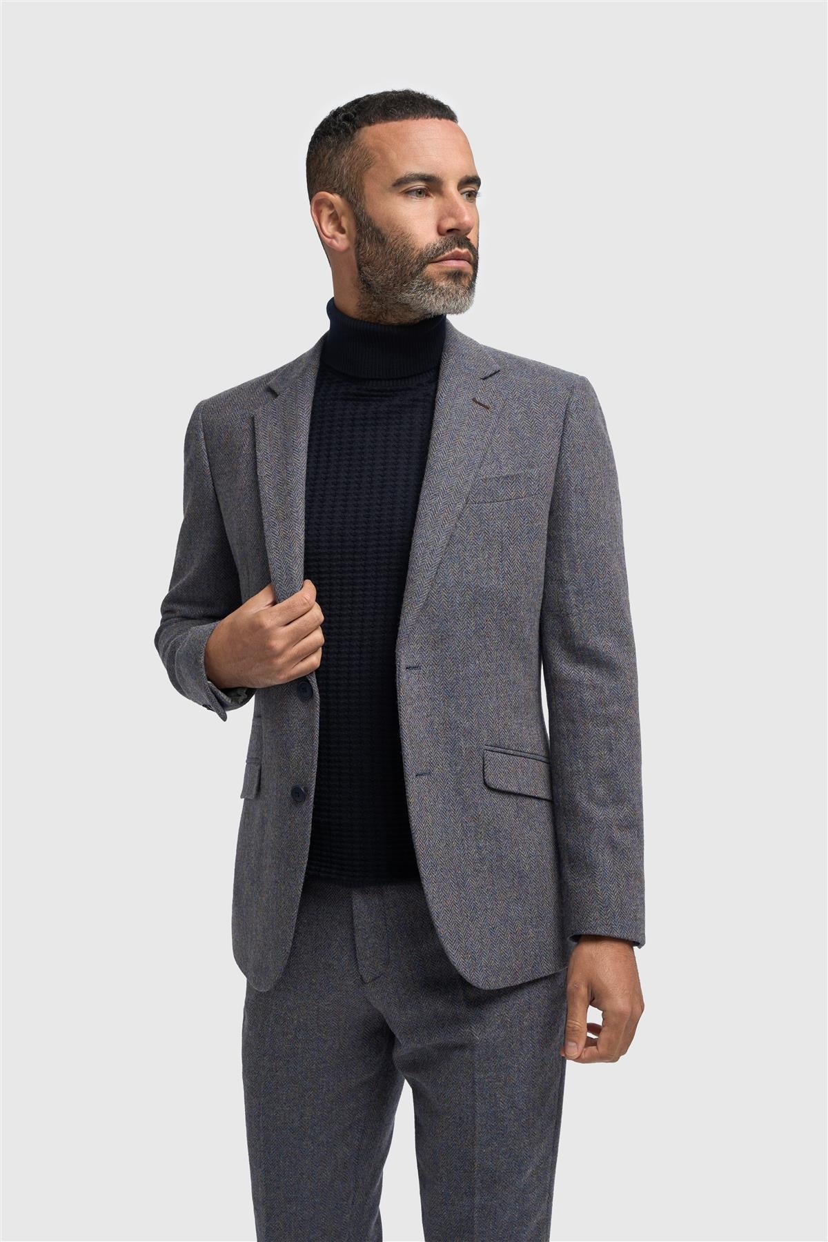 Thomas - Blazer clásico de tweed con estampado de espiga azul marino para hombre