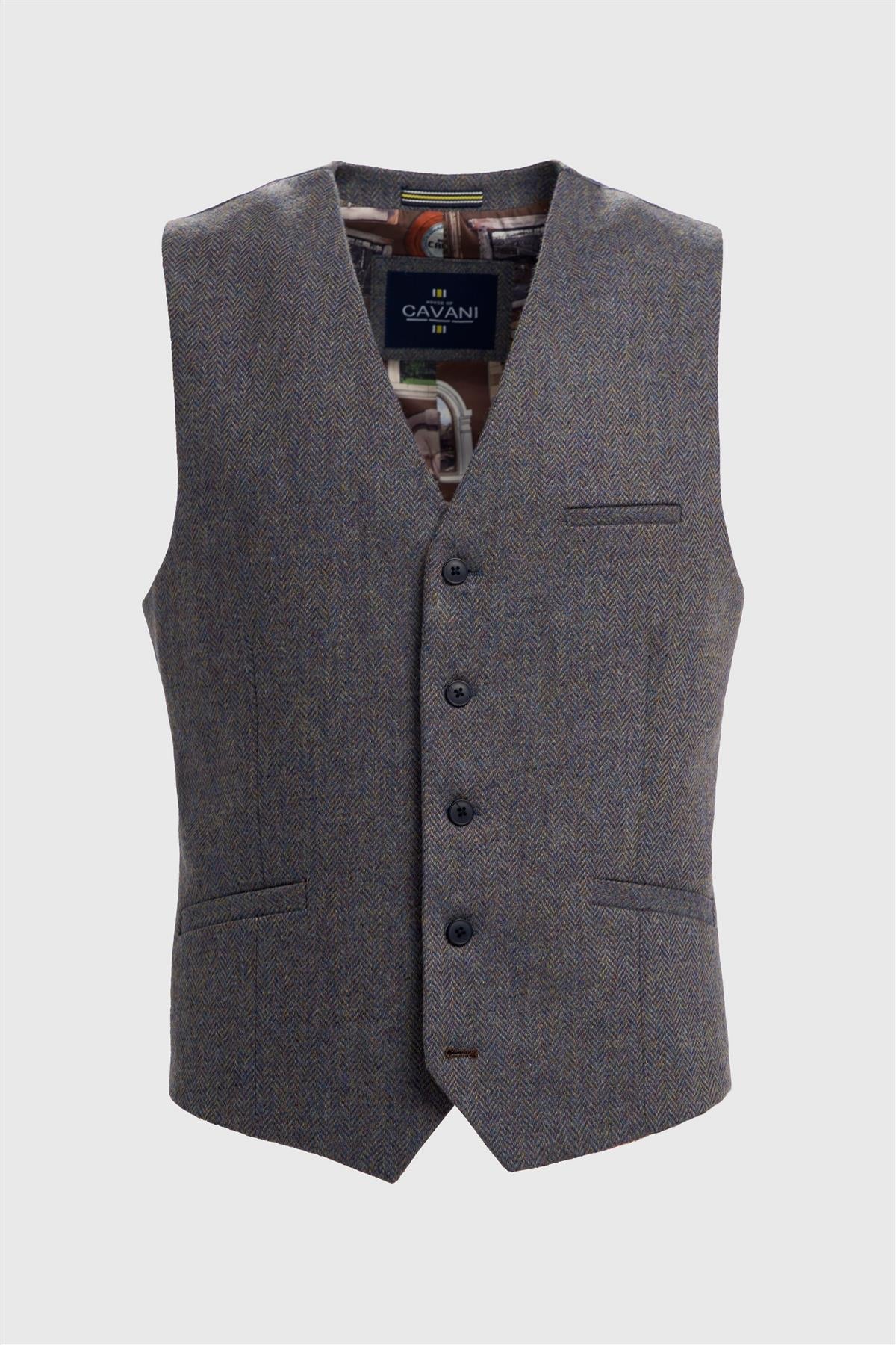 Thomas - Chaleco de tweed de espiga de mezcla de lana azul marino para hombre