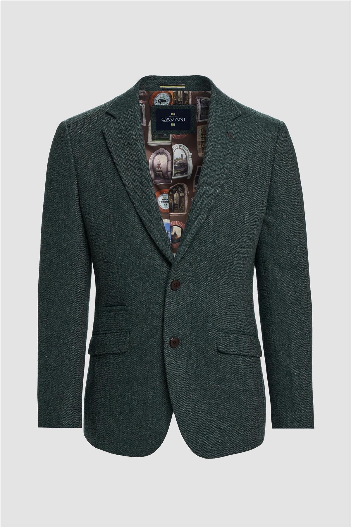 Thomas - Blazer clásico de tweed con estampado de espiga en color verde oliva para hombre