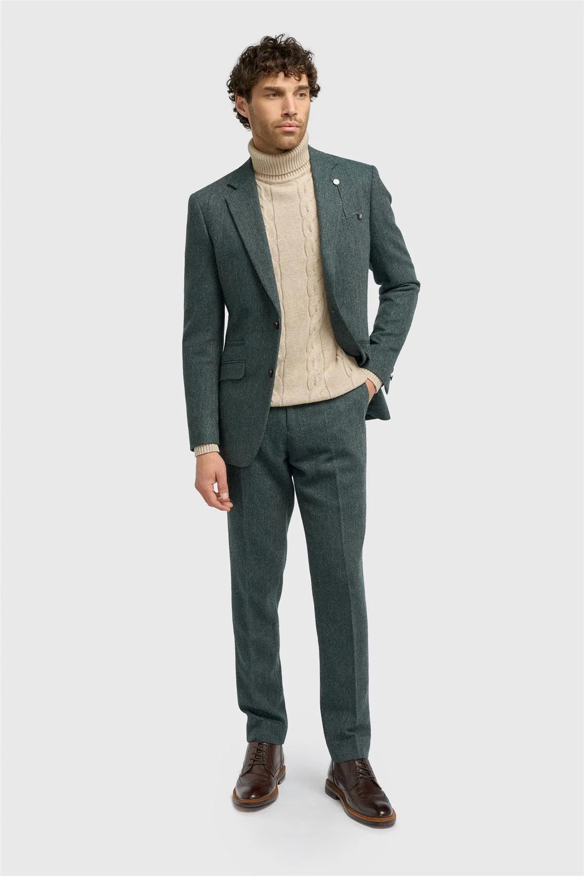 Thomas - Blazer clásico de tweed con estampado de espiga en color verde oliva para hombre