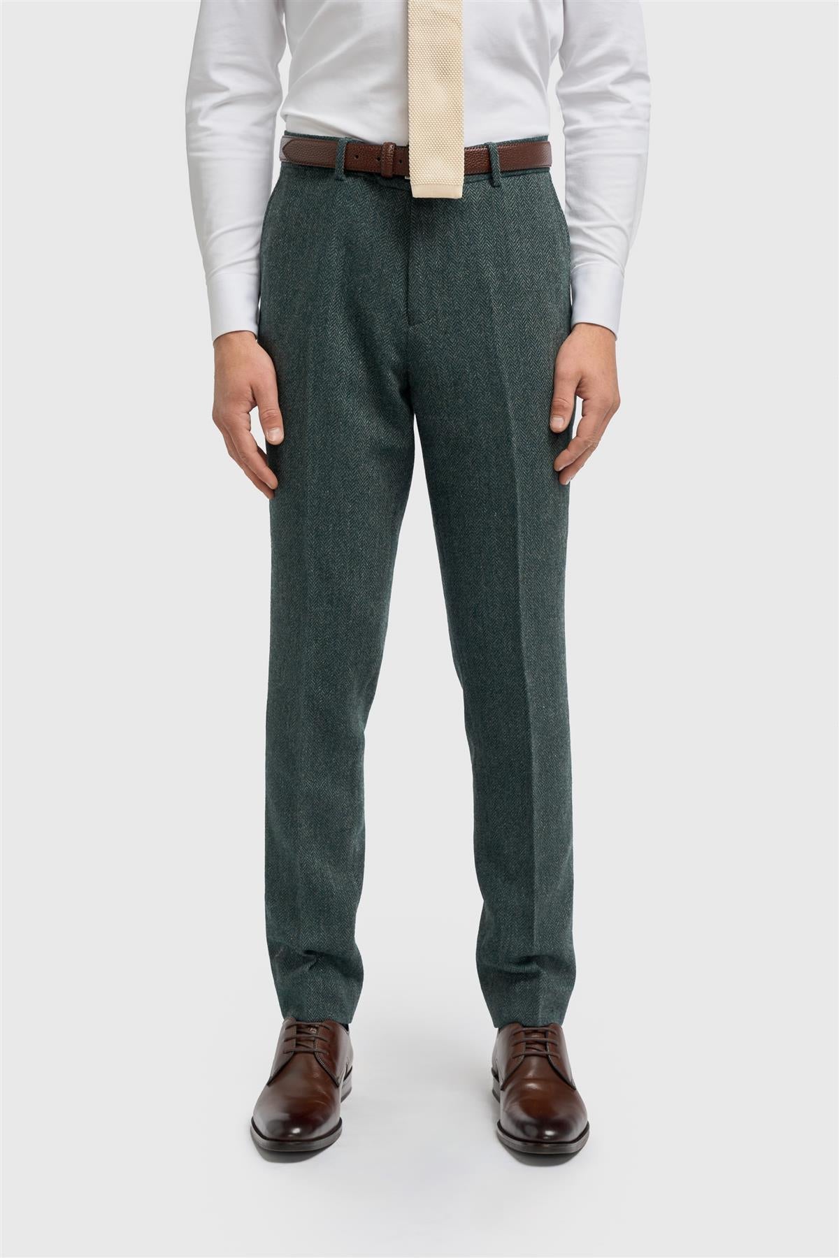 Thomas - Pantalones de hombre de tweed de espiga de mezcla de lana color oliva