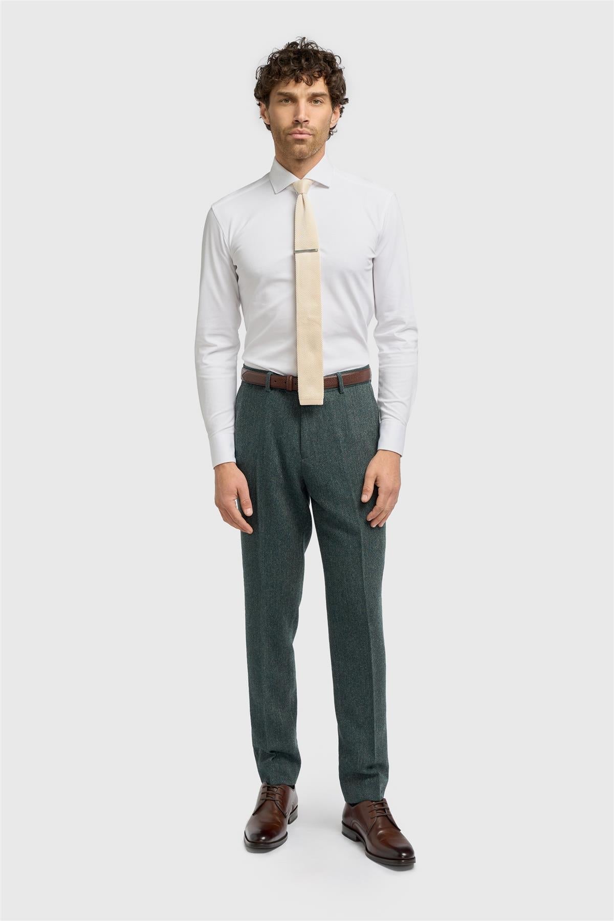Thomas - Pantalones de hombre de tweed de espiga de mezcla de lana color oliva