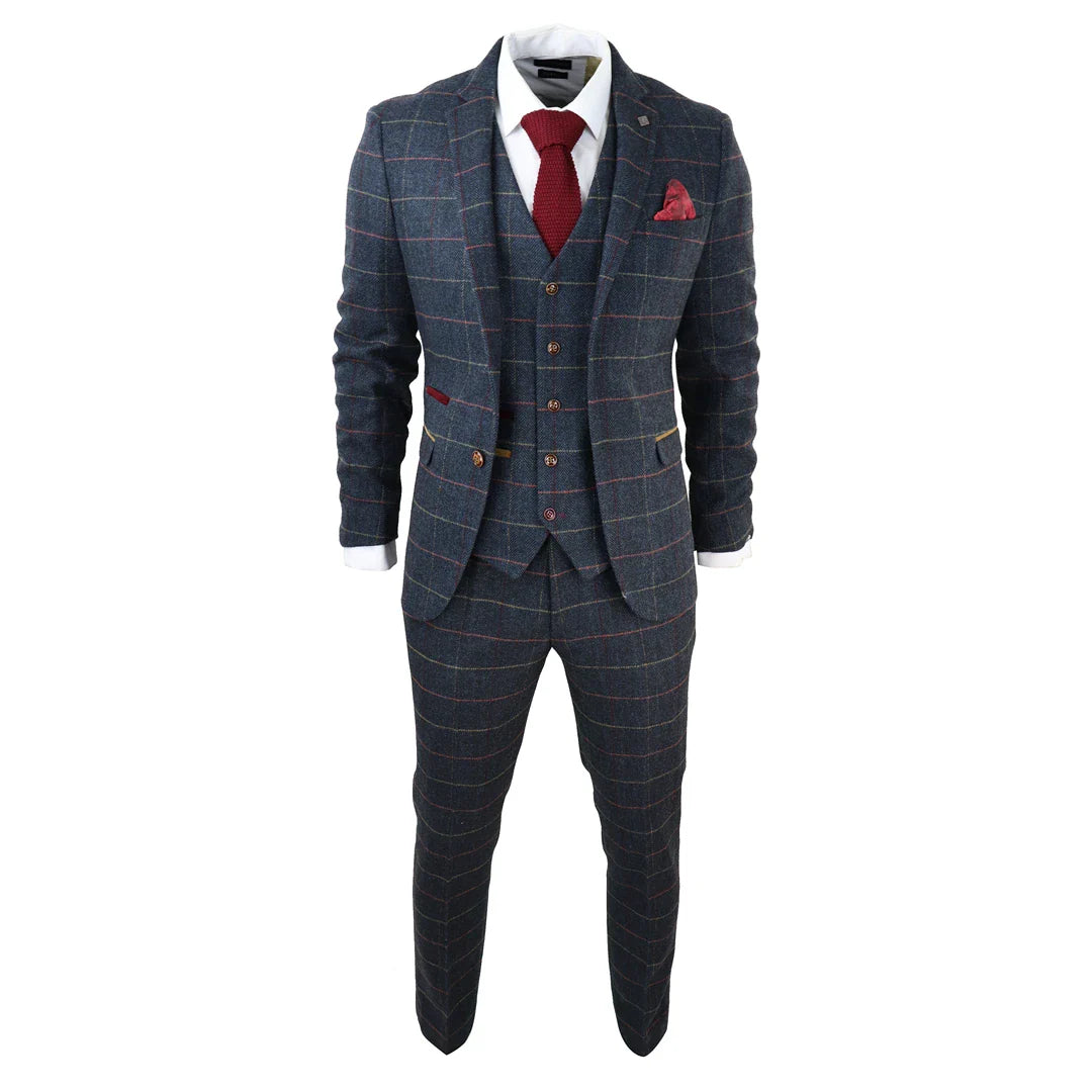 Traje de tres piezas de tweed a cuadros azul marino para hombre de Thomas