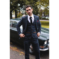 Traje de tres piezas de tweed a cuadros azul marino para hombre de Thomas