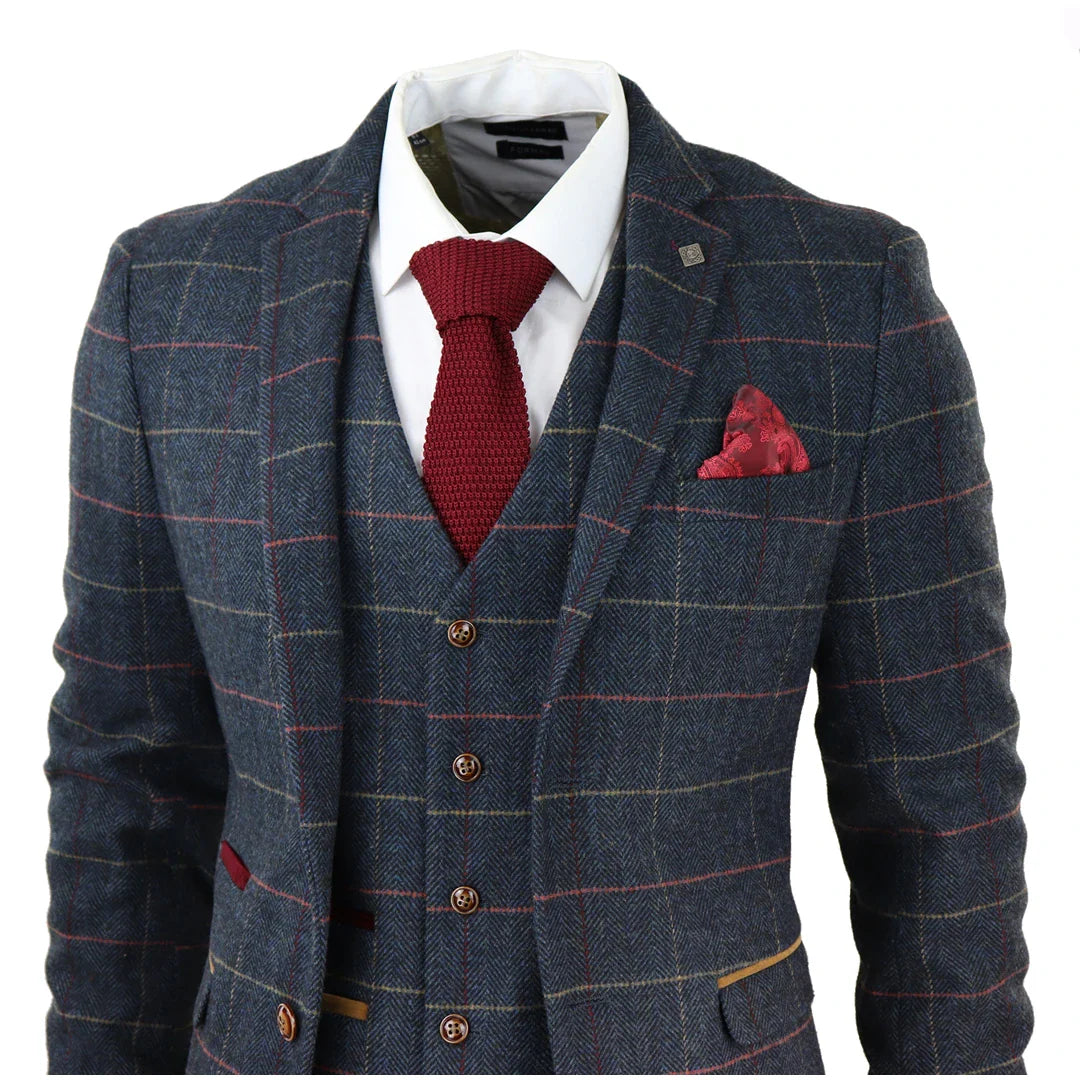 Traje de tres piezas de tweed a cuadros azul marino para hombre de Thomas