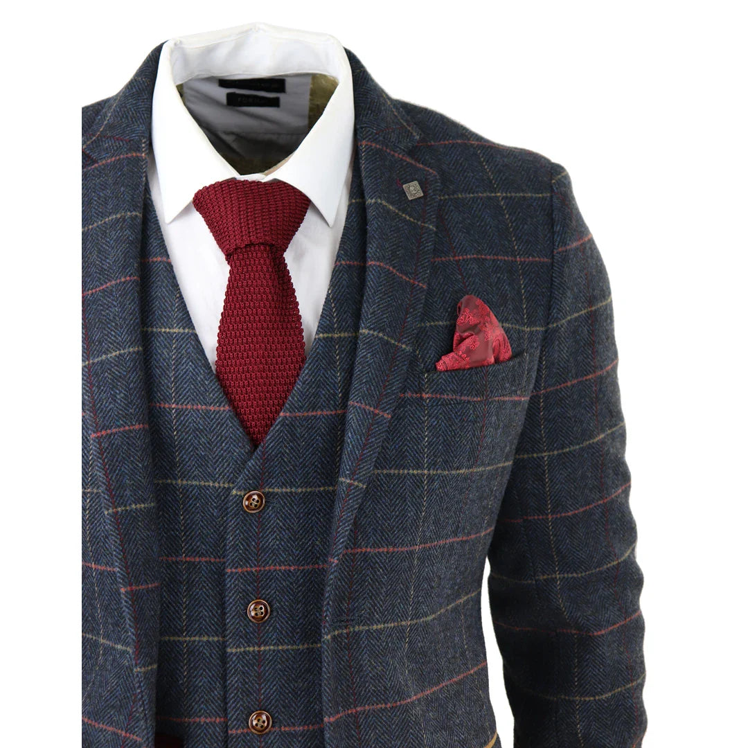 Traje de tres piezas de tweed a cuadros azul marino para hombre de Thomas