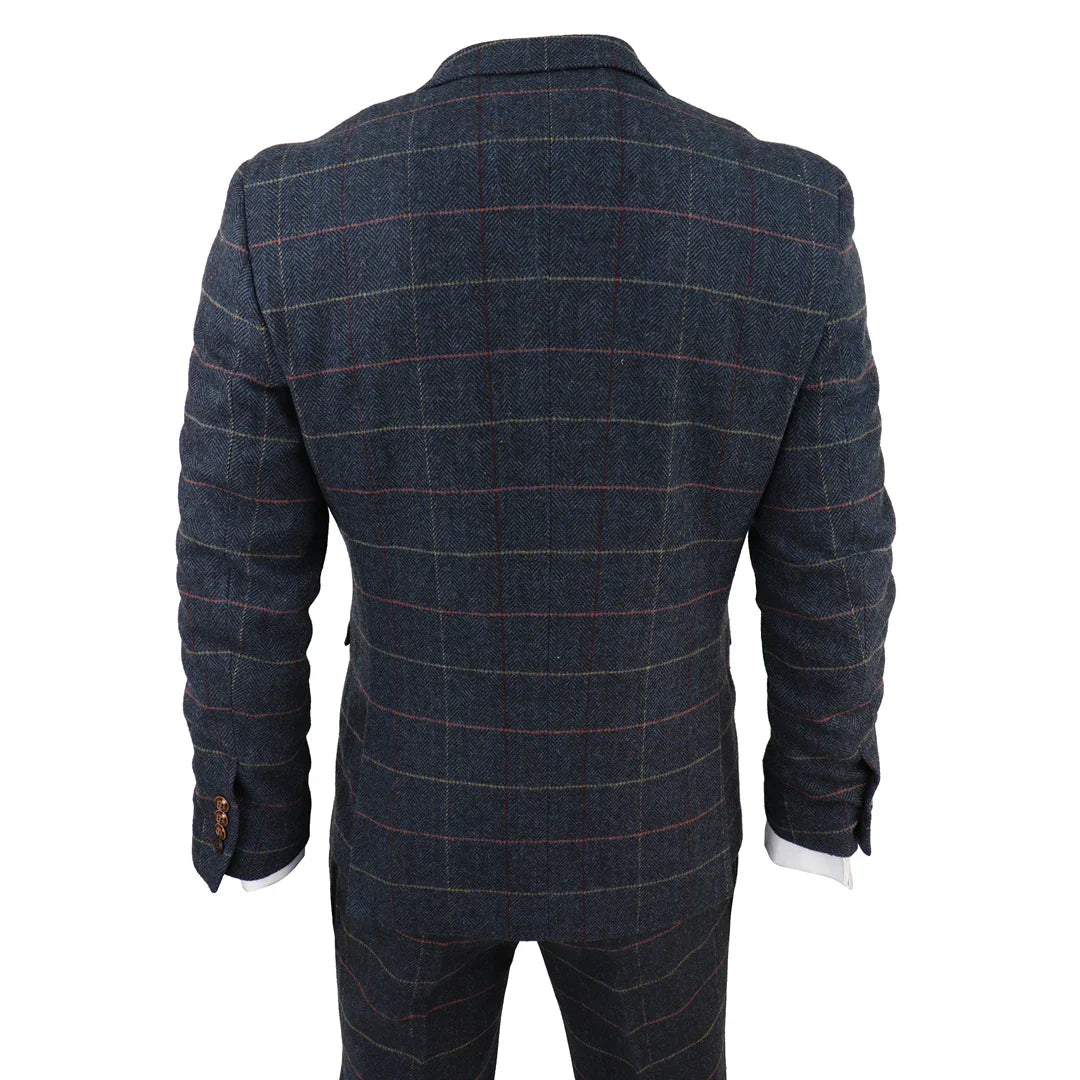 Traje de tres piezas de tweed a cuadros azul marino para hombre de Thomas