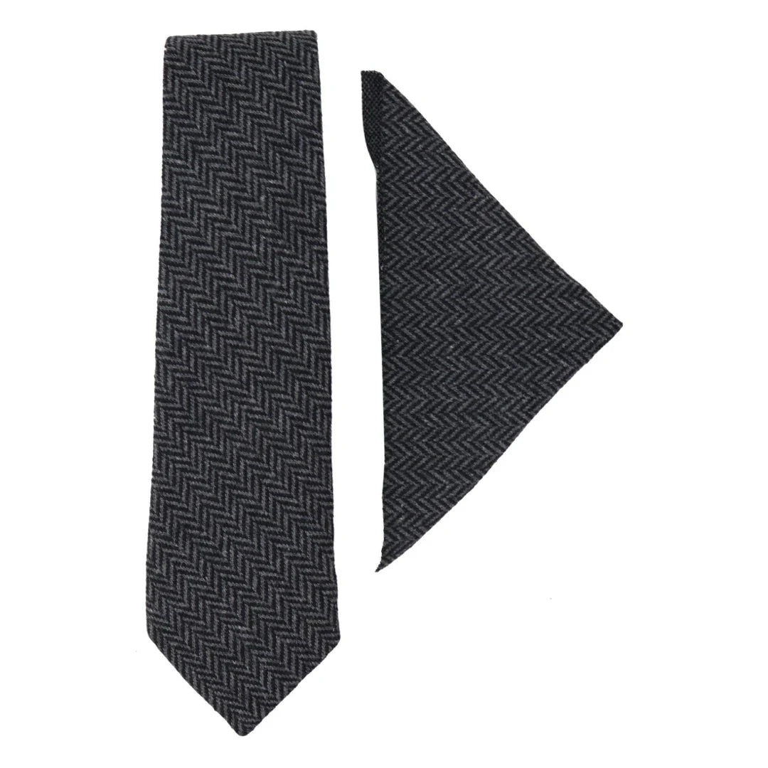 Conjunto de corbata y pañuelo de tweed color carbón para hombre. Clásico diseño británico de lana con espiga.