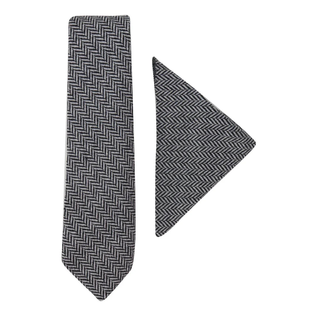 Conjunto de corbata y pañuelo de tweed gris para hombre, estilo clásico británico, de lana con diseño de espiga.