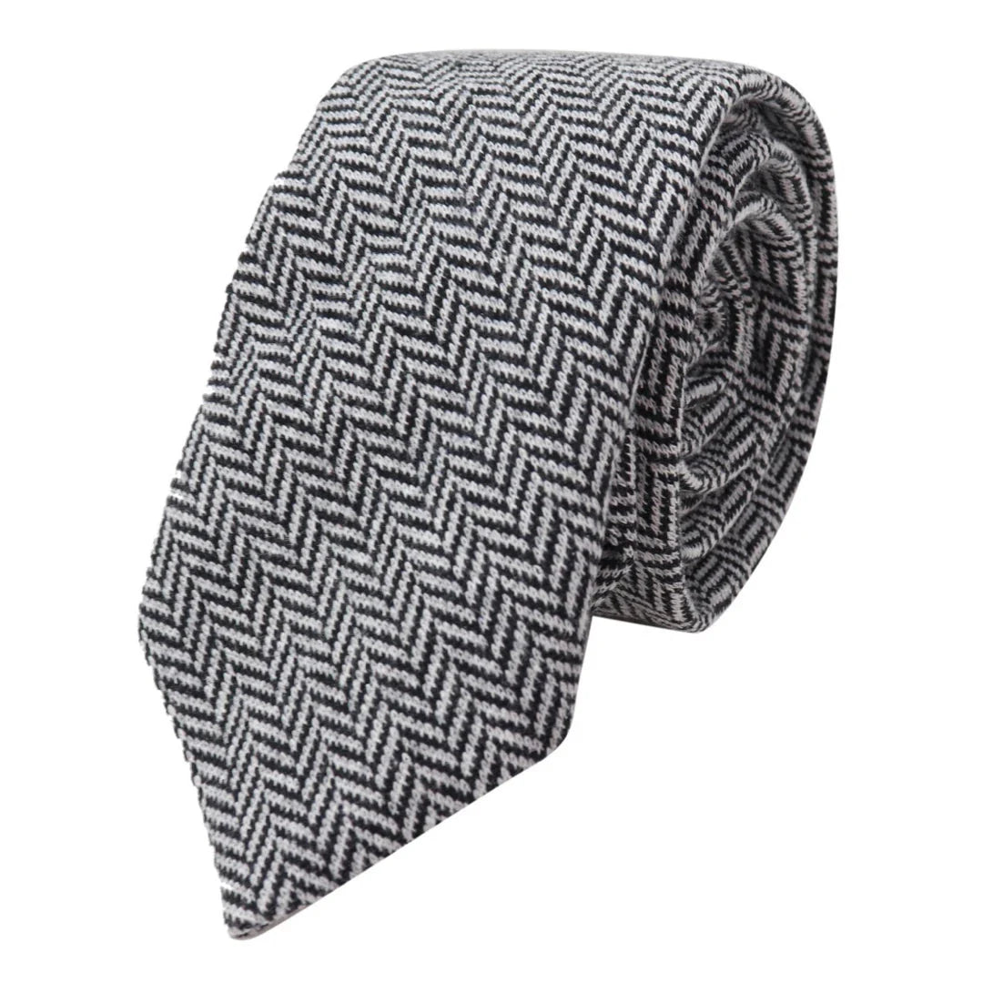 Conjunto de corbata y pañuelo de tweed gris para hombre, estilo clásico británico, de lana con diseño de espiga.