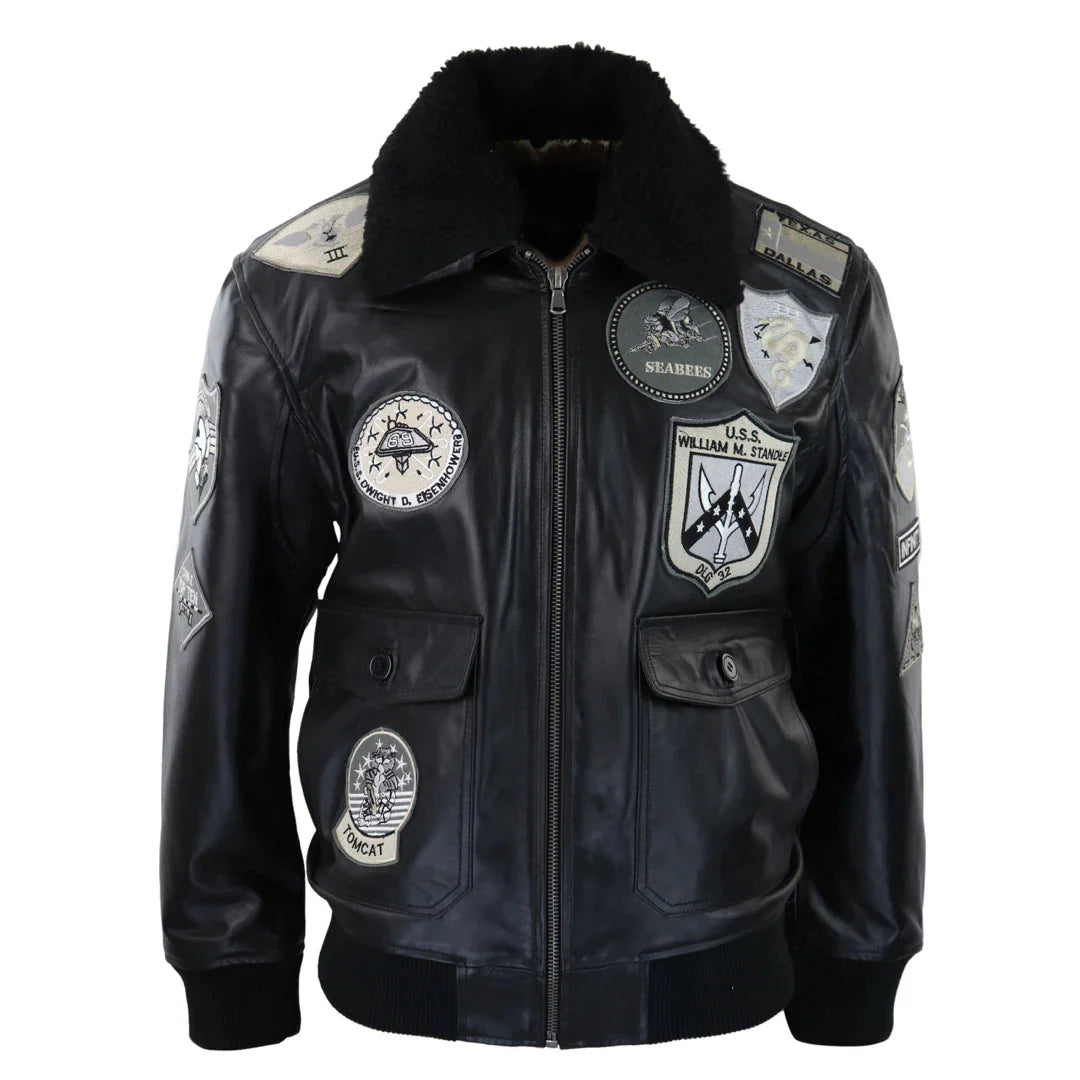 Chaqueta de piloto bomber Topgun Maverick negra y gris para hombre con insignias estadounidenses y piel negra de gato Tom.