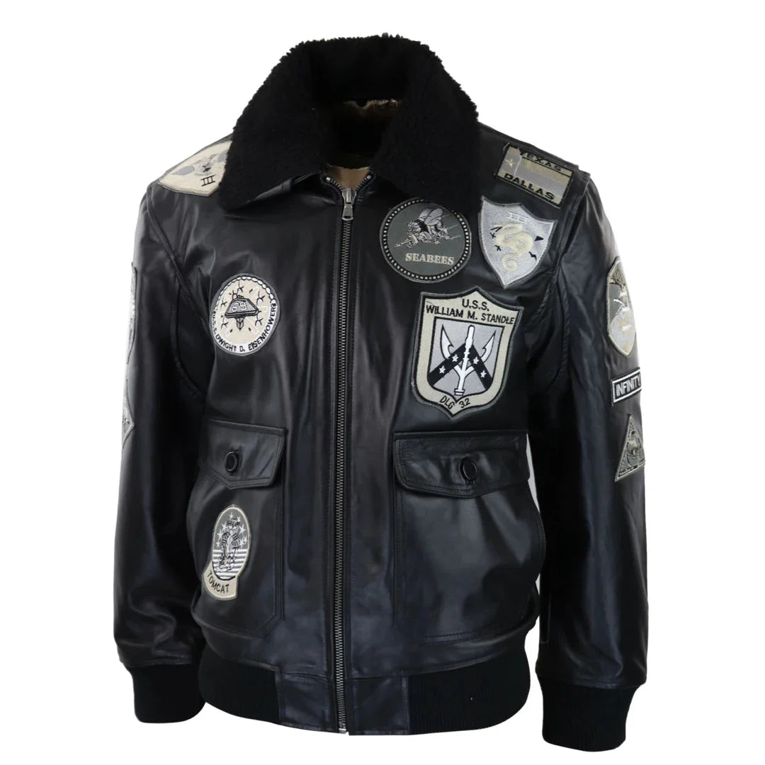 Chaqueta de piloto bomber Topgun Maverick negra y gris para hombre con insignias estadounidenses y piel negra de gato Tom.